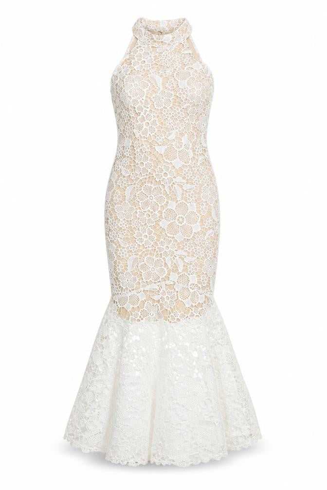 Quiz Women White Lace Halterneck Mermaid Hi-Low Dress UK 8