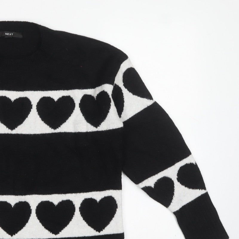 Next Women’s Black White Heart Knit Pullover Jumper Size 8 Crew Neck