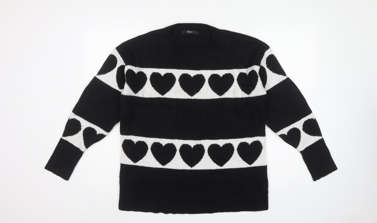 Next Women’s Black White Heart Knit Pullover Jumper Size 8 Crew Neck