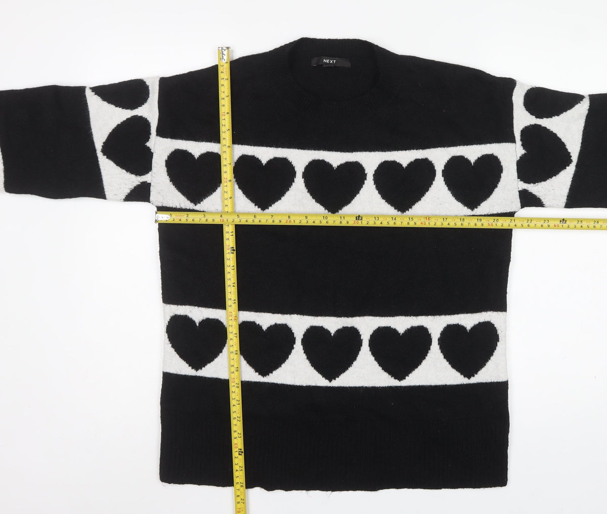Next Women’s Black White Heart Knit Pullover Jumper Size 8 Crew Neck