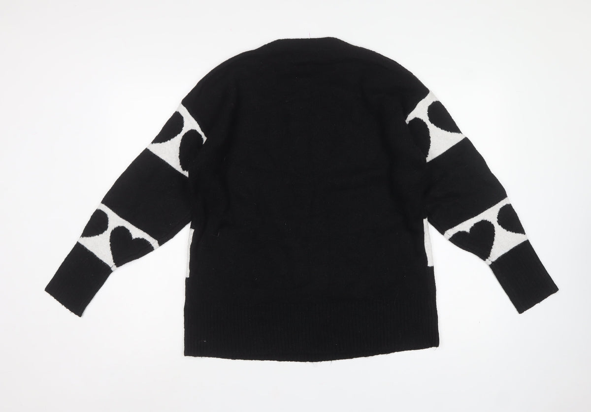 Next Women’s Black White Heart Knit Pullover Jumper Size 8 Crew Neck