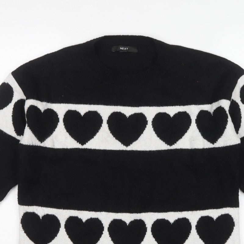 Next Women’s Black White Heart Knit Pullover Jumper Size 8 Crew Neck