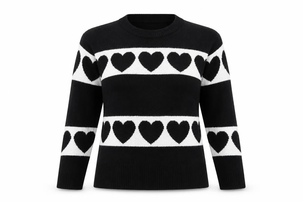 Next Women’s Black White Heart Knit Pullover Jumper Size 8 Crew Neck