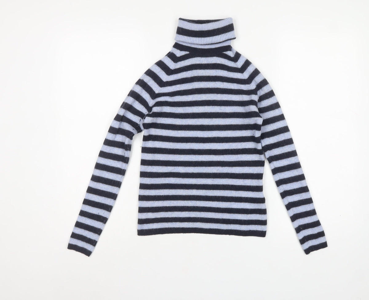 Hugo Boss Women’s Blue Black Striped Alpaca Roll Neck Jumper Size S
