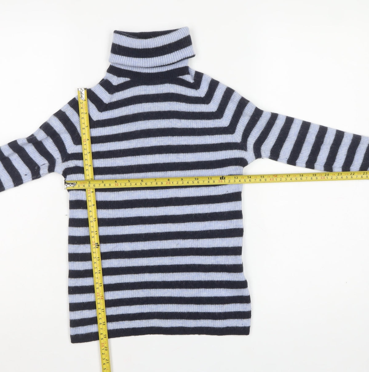 Hugo Boss Women’s Blue Black Striped Alpaca Roll Neck Jumper Size S