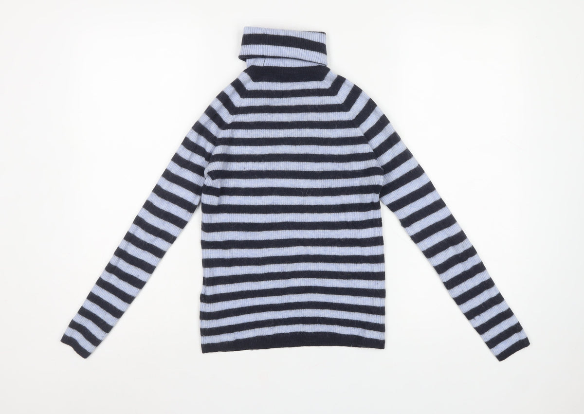 Hugo Boss Women’s Blue Black Striped Alpaca Roll Neck Jumper Size S