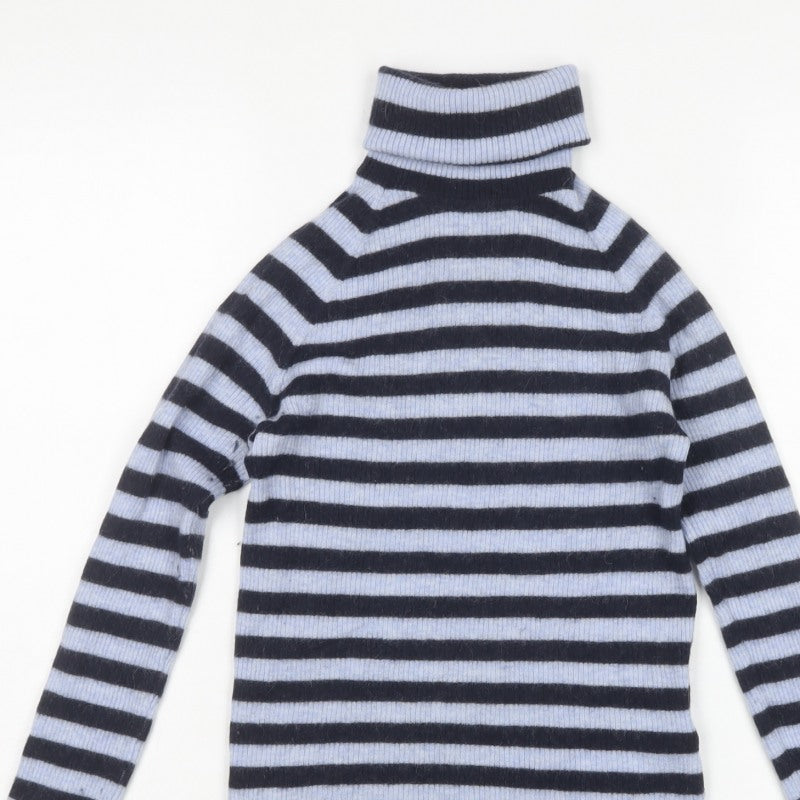 Hugo Boss Women’s Blue Black Striped Alpaca Roll Neck Jumper Size S
