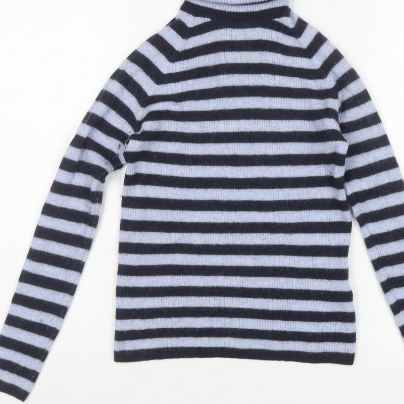 Hugo Boss Women’s Blue Black Striped Alpaca Roll Neck Jumper Size S