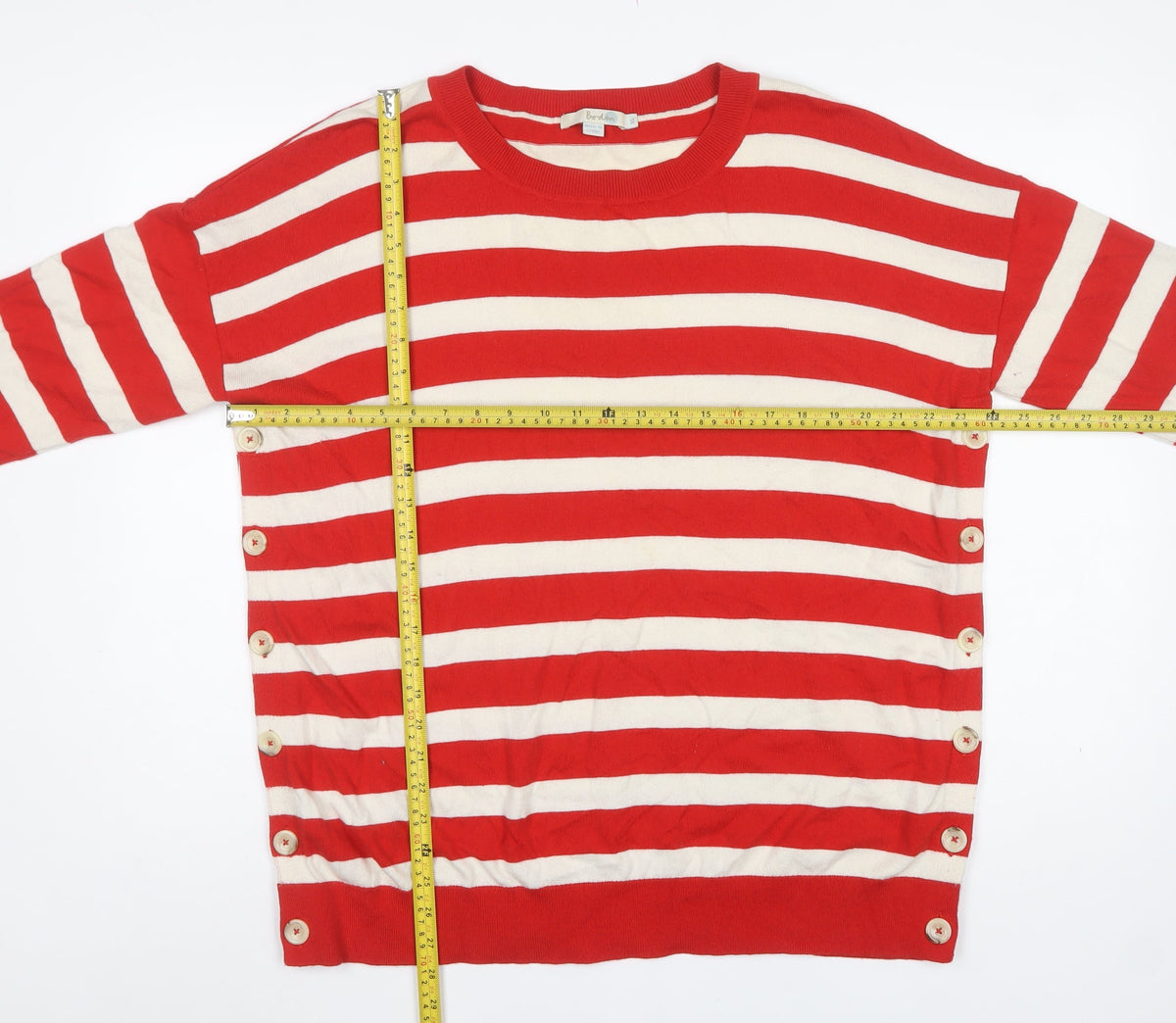 Boden Women Red Ivory Striped Button Side Wool Cotton Jumper XL