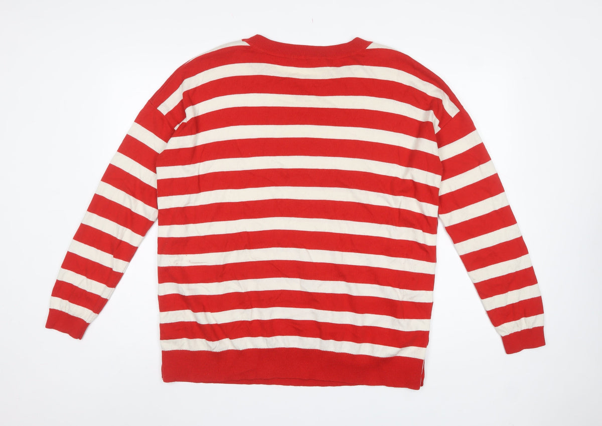Boden Women Red Ivory Striped Button Side Wool Cotton Jumper XL