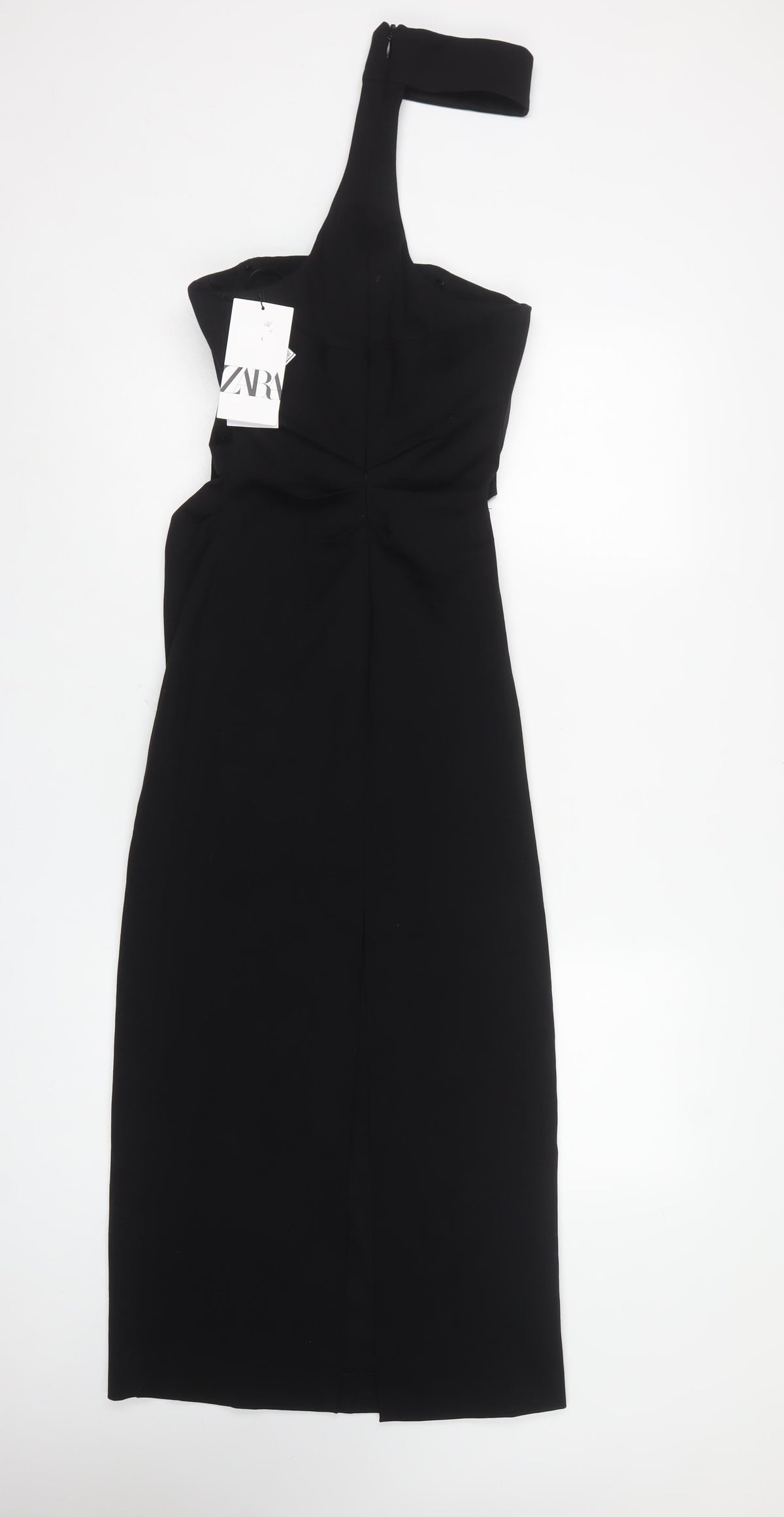 Zara Women Black S One Shoulder Asymmetric Long Sheath Dress