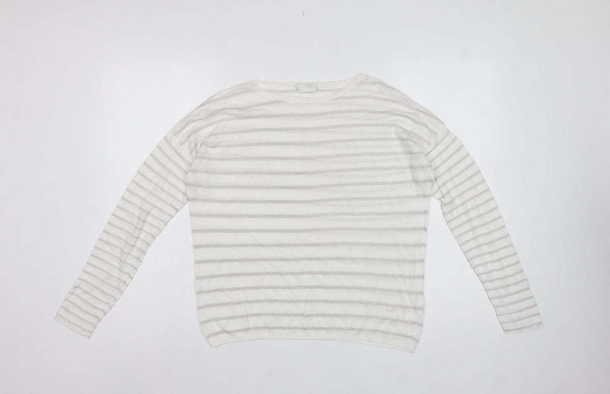 The White Company Women White Grey Stripe Linen Knit Top Medium