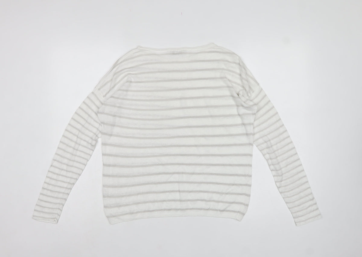 The White Company Women White Grey Stripe Linen Knit Top Medium