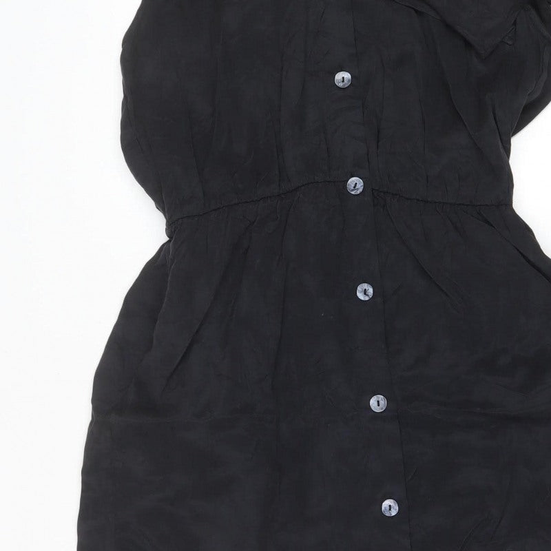 Zara Women Black M Long Shirt Dress Flutter Sleeve Button Front
