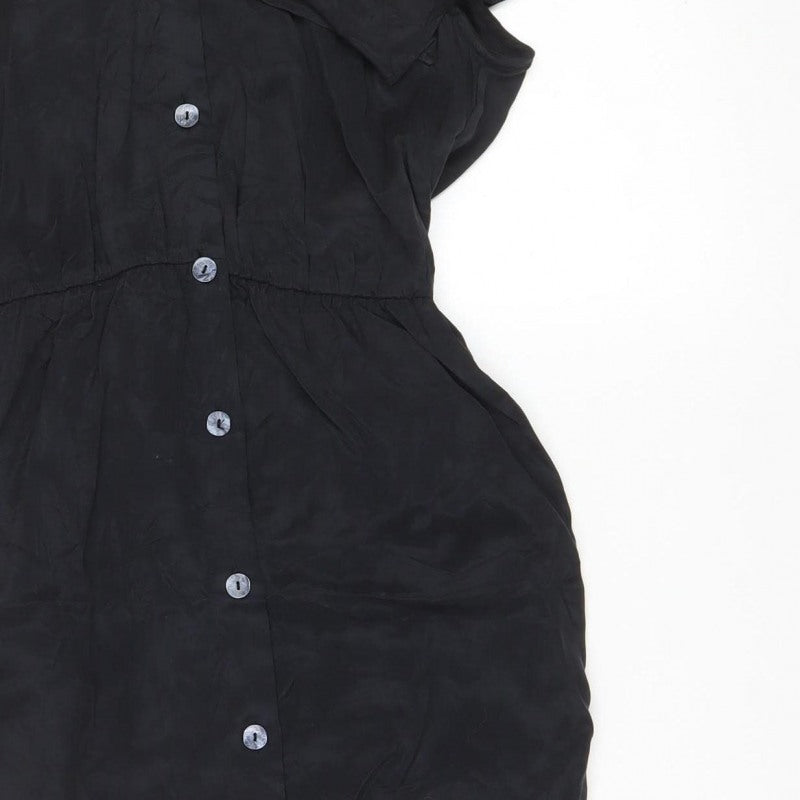 Zara Women Black M Long Shirt Dress Flutter Sleeve Button Front