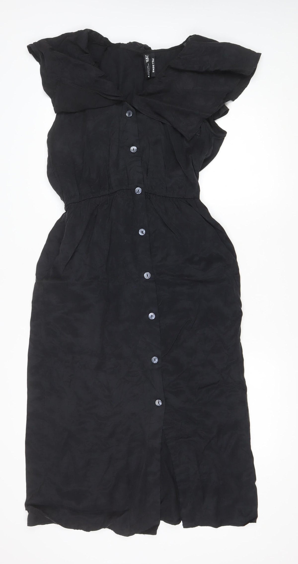 Zara Women Black M Long Shirt Dress Flutter Sleeve Button Front