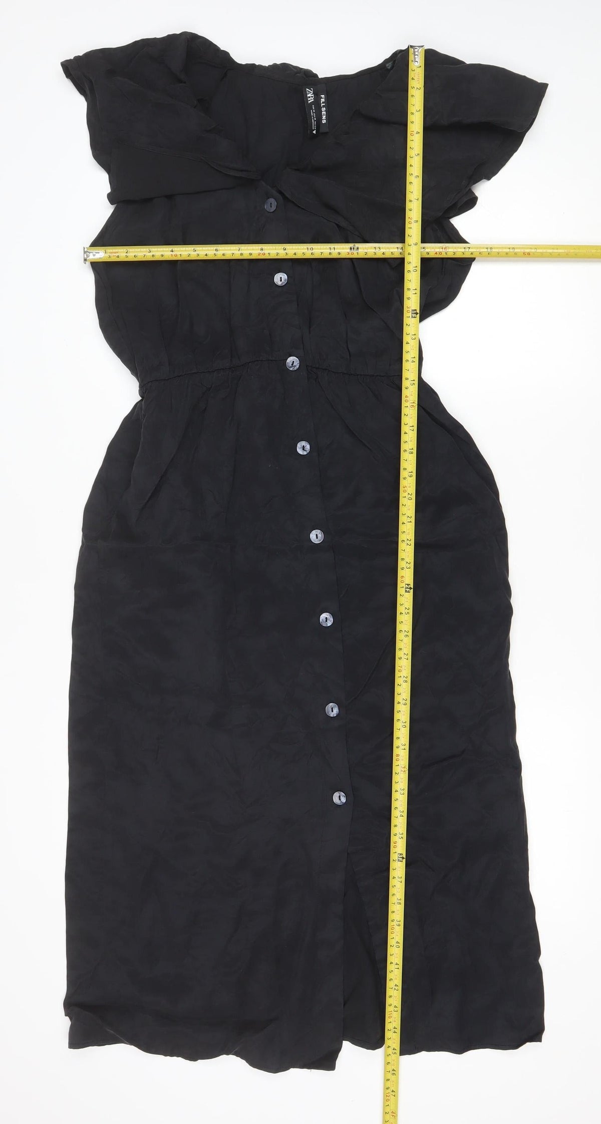 Zara Women Black M Long Shirt Dress Flutter Sleeve Button Front