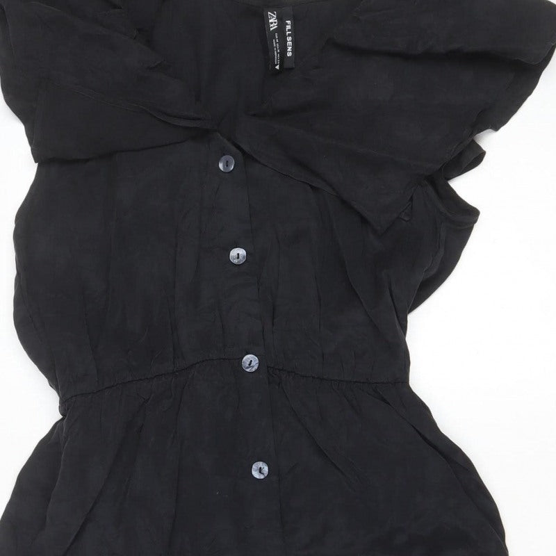 Zara Women Black M Long Shirt Dress Flutter Sleeve Button Front