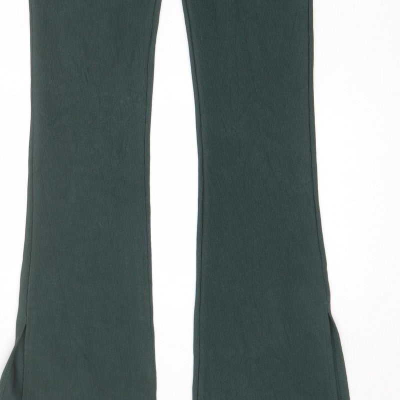 Zara Women Green M Flared Stretch Pull-On Trousers Side Split