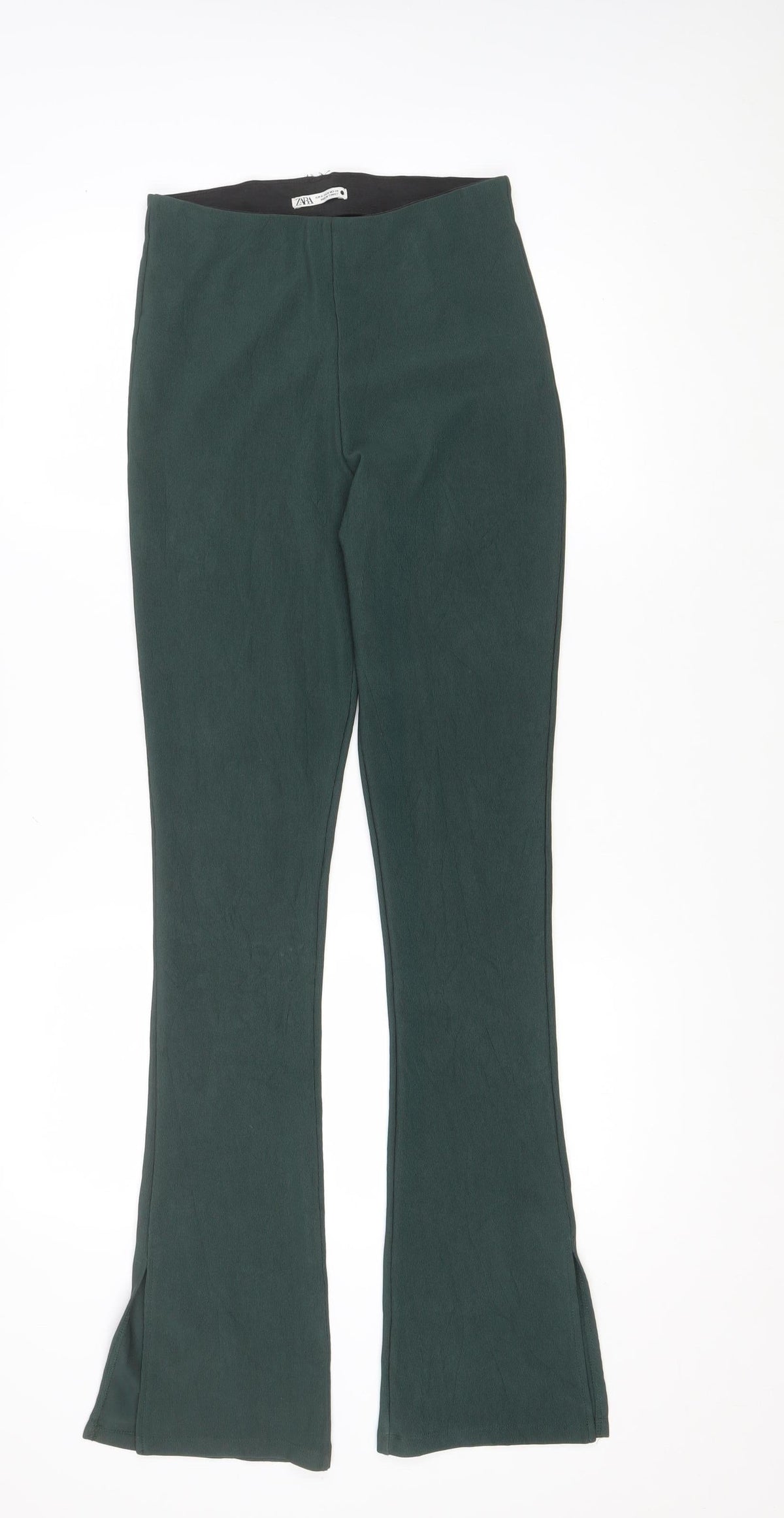 Zara Women Green M Flared Stretch Pull-On Trousers Side Split