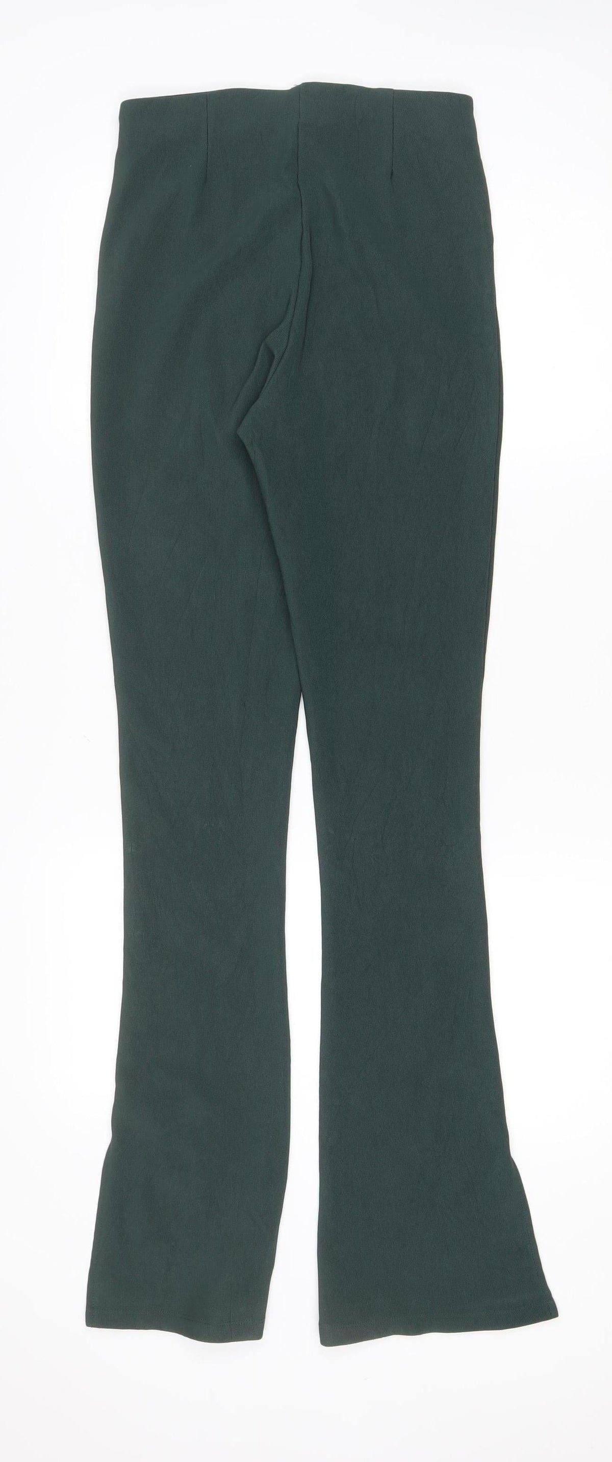 Zara Women Green M Flared Stretch Pull-On Trousers Side Split
