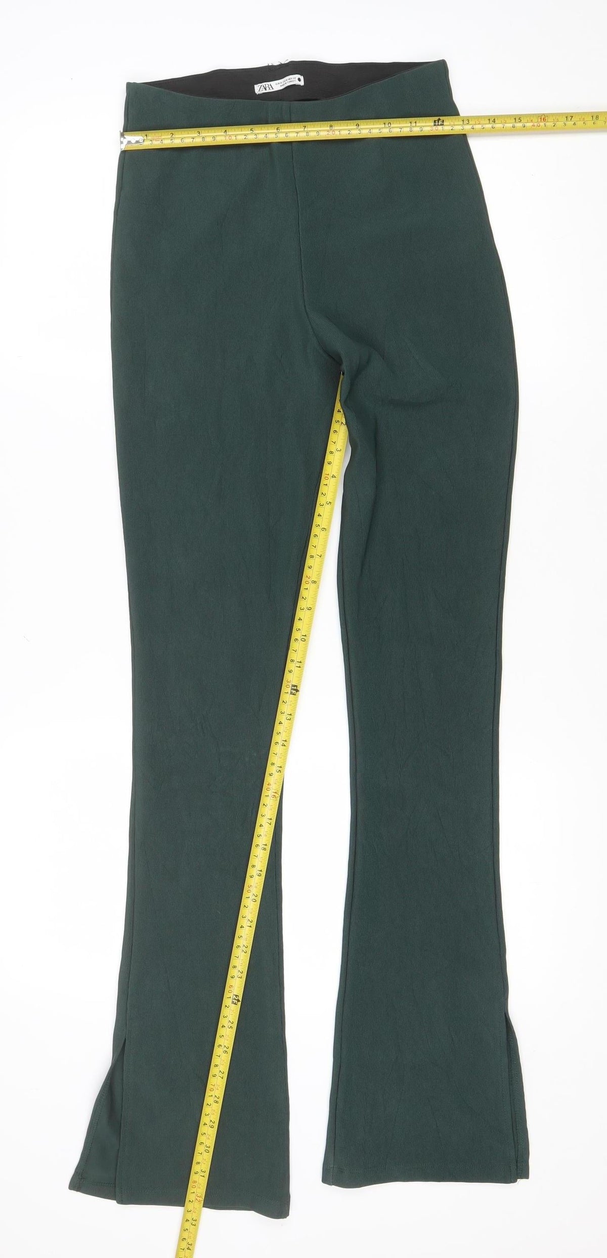 Zara Women Green M Flared Stretch Pull-On Trousers Side Split