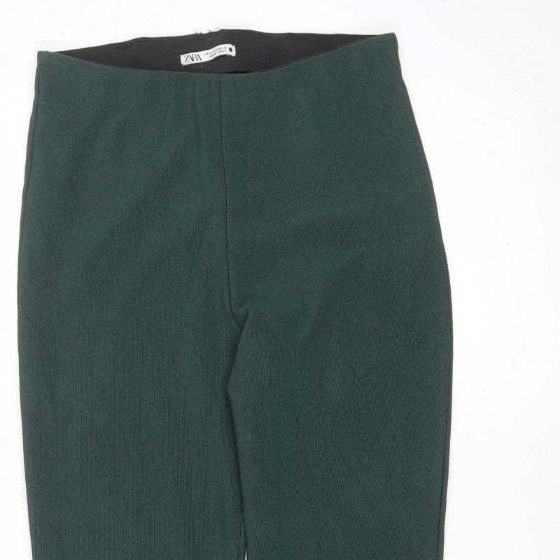 Zara Women Green M Flared Stretch Pull-On Trousers Side Split