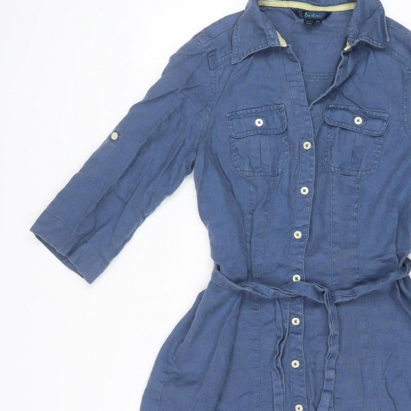 Boden Women Blue UK 10 Linen Knee Length Belted Shirt Dress