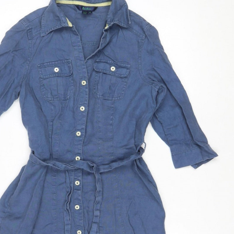 Boden Women Blue UK 10 Linen Knee Length Belted Shirt Dress