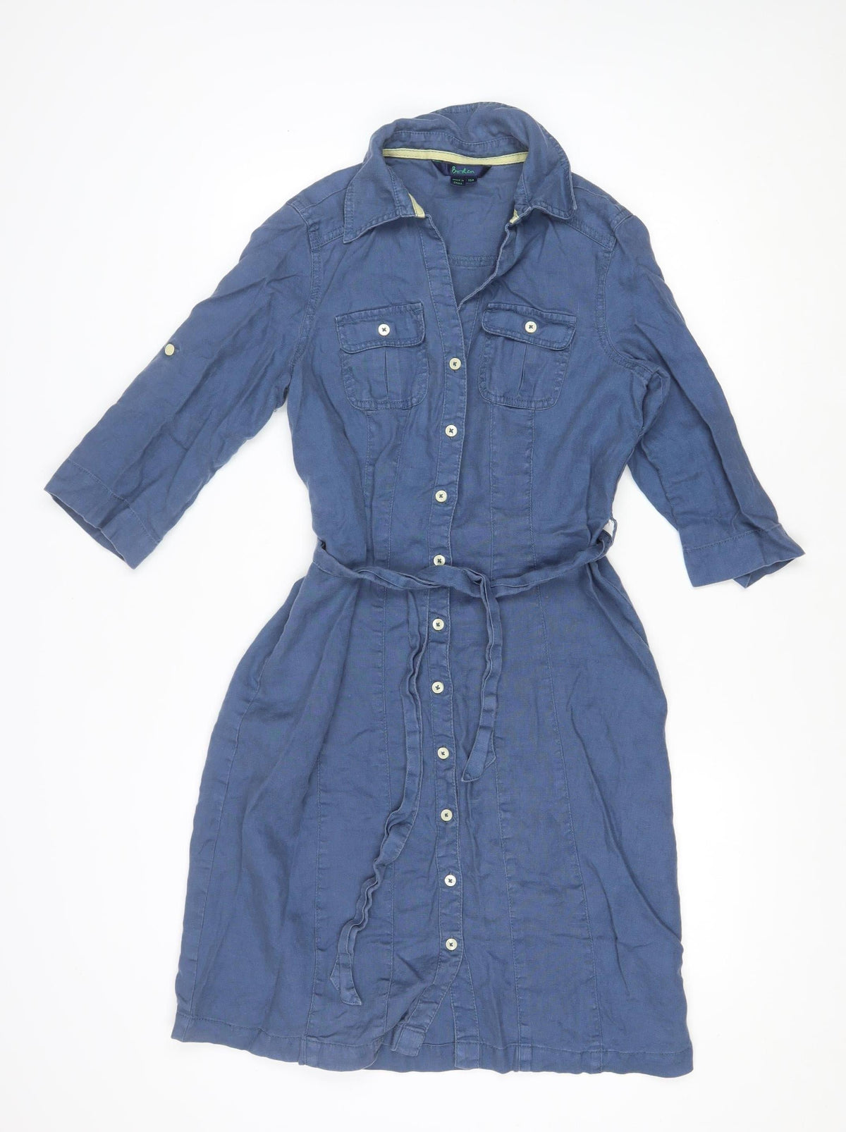Boden Women Blue UK 10 Linen Knee Length Belted Shirt Dress