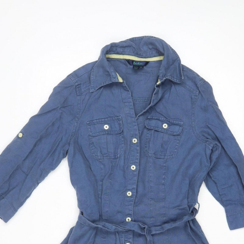 Boden Women Blue UK 10 Linen Knee Length Belted Shirt Dress