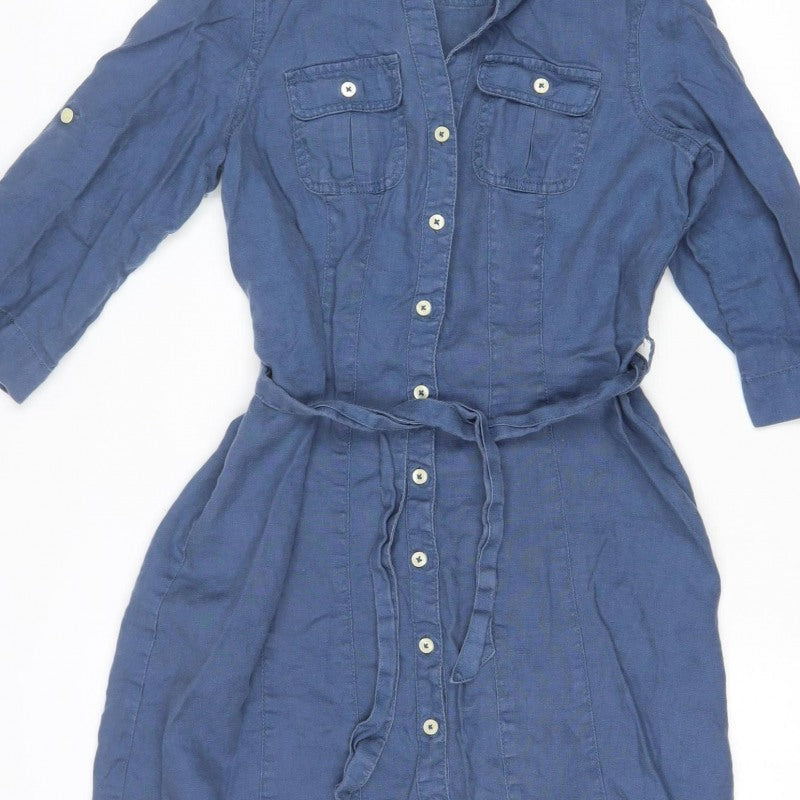 Boden Women Blue UK 10 Linen Knee Length Belted Shirt Dress