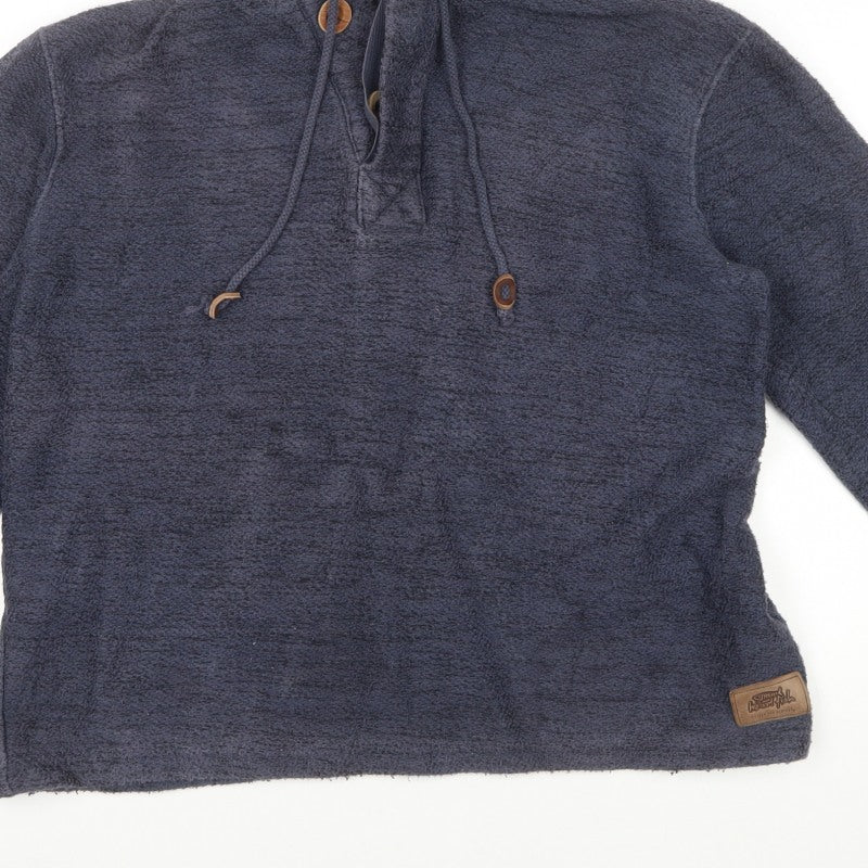 Weird Fish Men’s Blue L Hooded Henley Fleece Pullover Hoodie