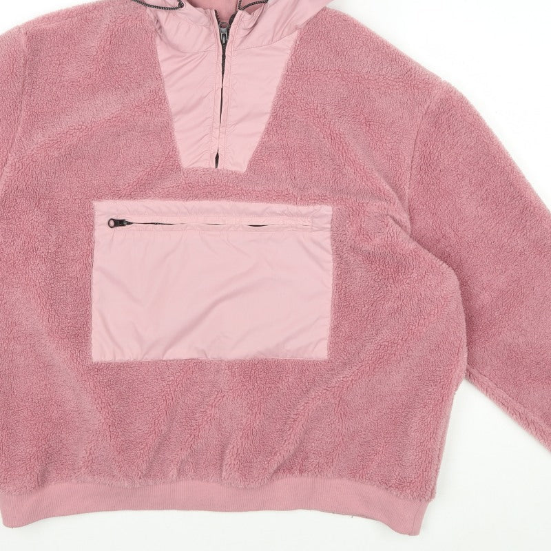 Topman Men's Pink M Fleece 1/4 Zip Hooded Pullover Sweatshirt