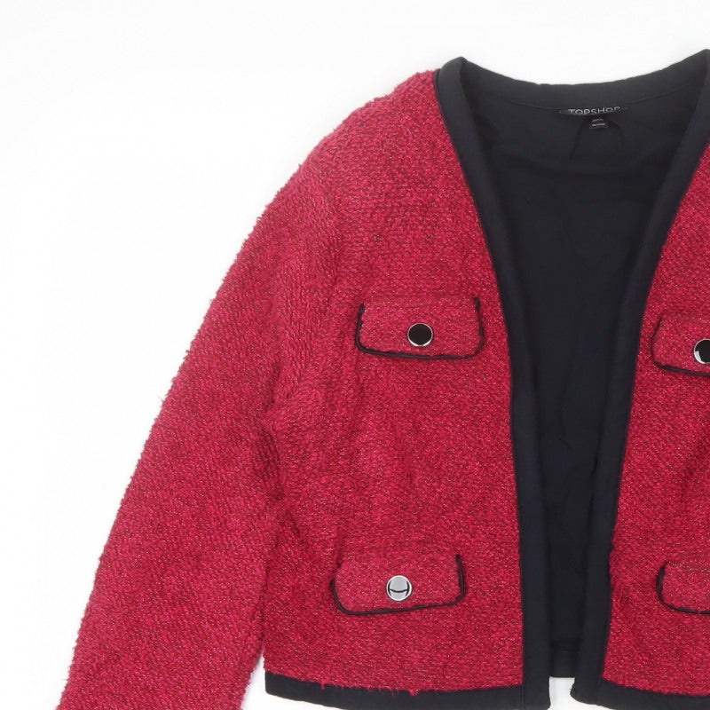 Topshop Women’s Red Bouclé Cropped Jacket UK 10 Collarless Lined