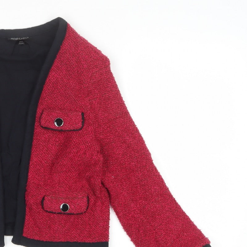 Topshop Women’s Red Bouclé Cropped Jacket UK 10 Collarless Lined