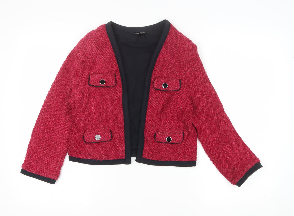 Topshop Women’s Red Bouclé Cropped Jacket UK 10 Collarless Lined