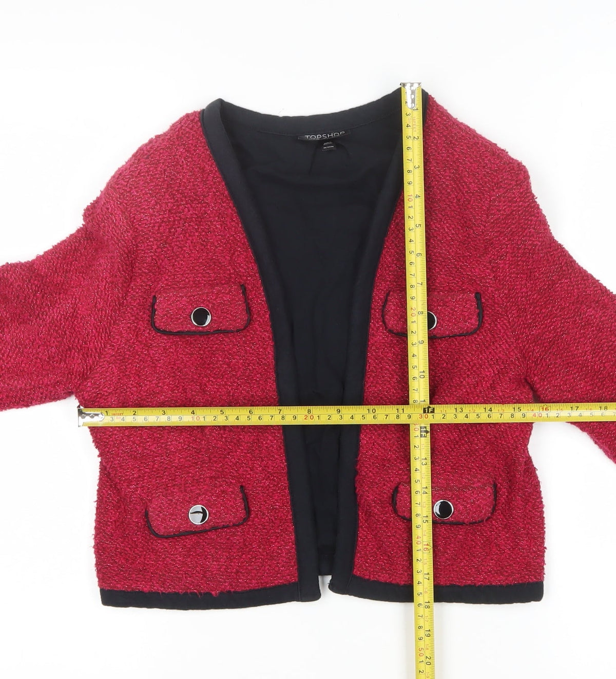 Topshop Women’s Red Bouclé Cropped Jacket UK 10 Collarless Lined
