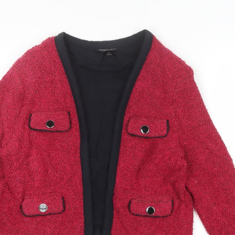 Topshop Women’s Red Bouclé Cropped Jacket UK 10 Collarless Lined