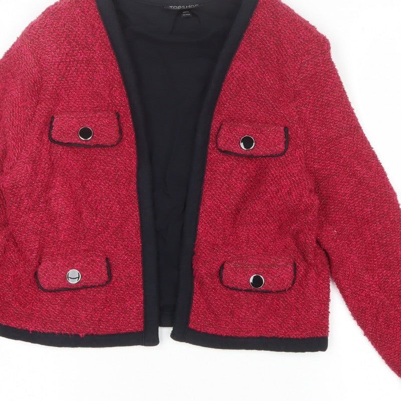 Topshop Women’s Red Bouclé Cropped Jacket UK 10 Collarless Lined