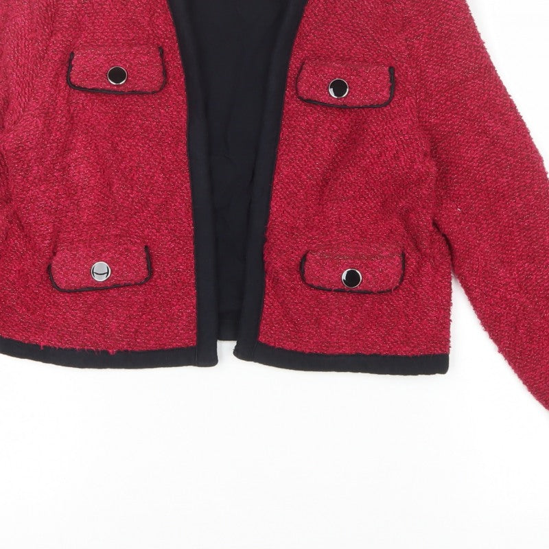 Topshop Women’s Red Bouclé Cropped Jacket UK 10 Collarless Lined