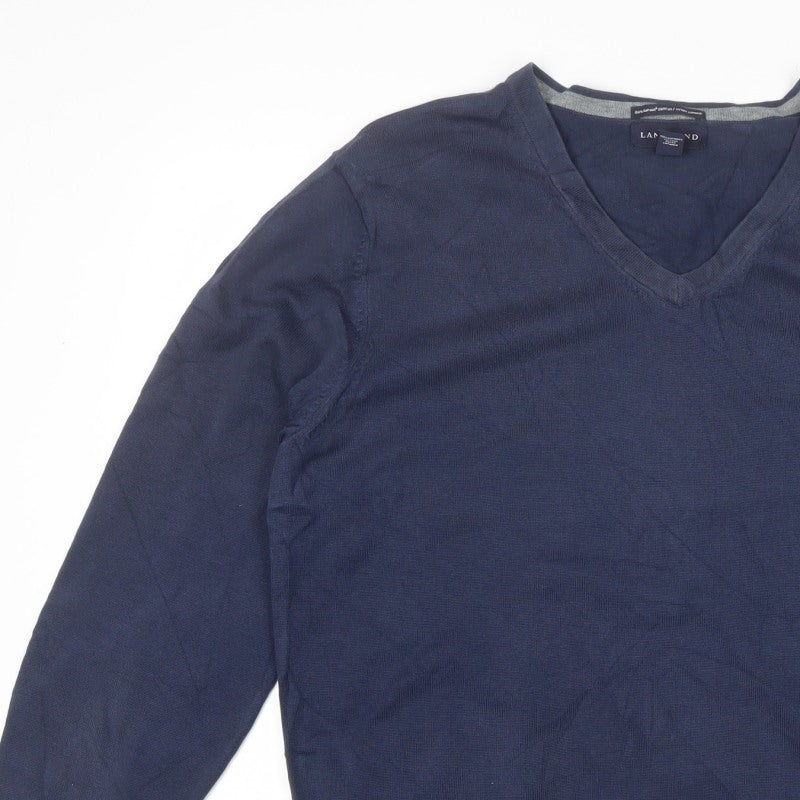 Lands' End Men Blue XL V-Neck Supima Cotton Knit Pullover Jumper