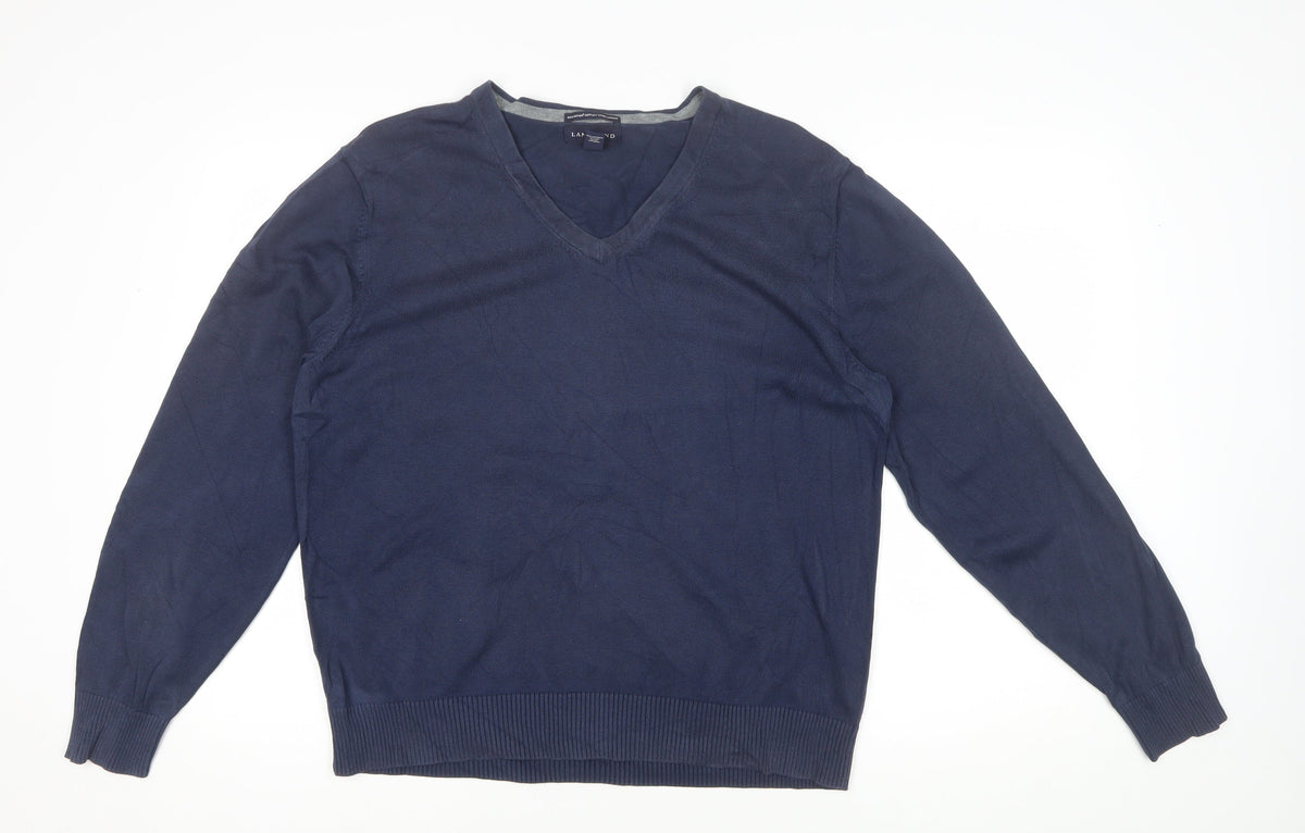 Lands' End Men Blue XL V-Neck Supima Cotton Knit Pullover Jumper