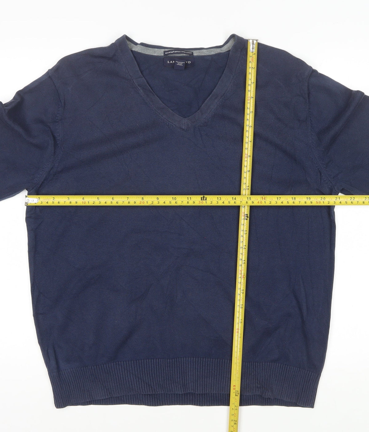 Lands' End Men Blue XL V-Neck Supima Cotton Knit Pullover Jumper