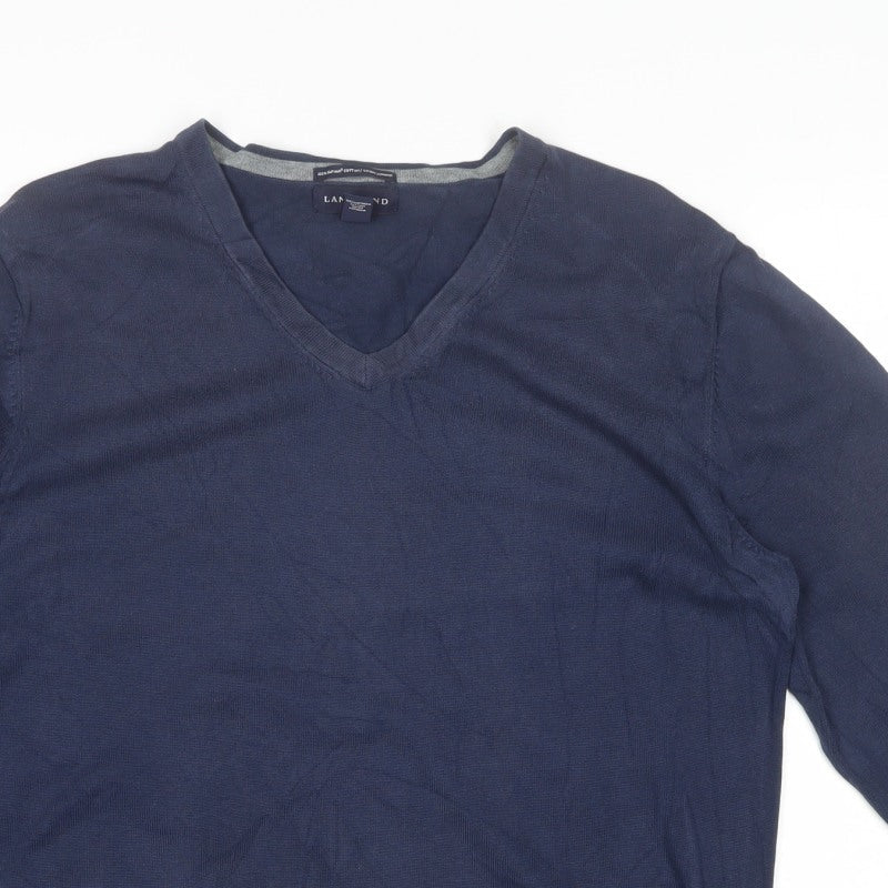 Lands' End Men Blue XL V-Neck Supima Cotton Knit Pullover Jumper