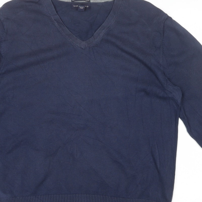 Lands' End Men Blue XL V-Neck Supima Cotton Knit Pullover Jumper