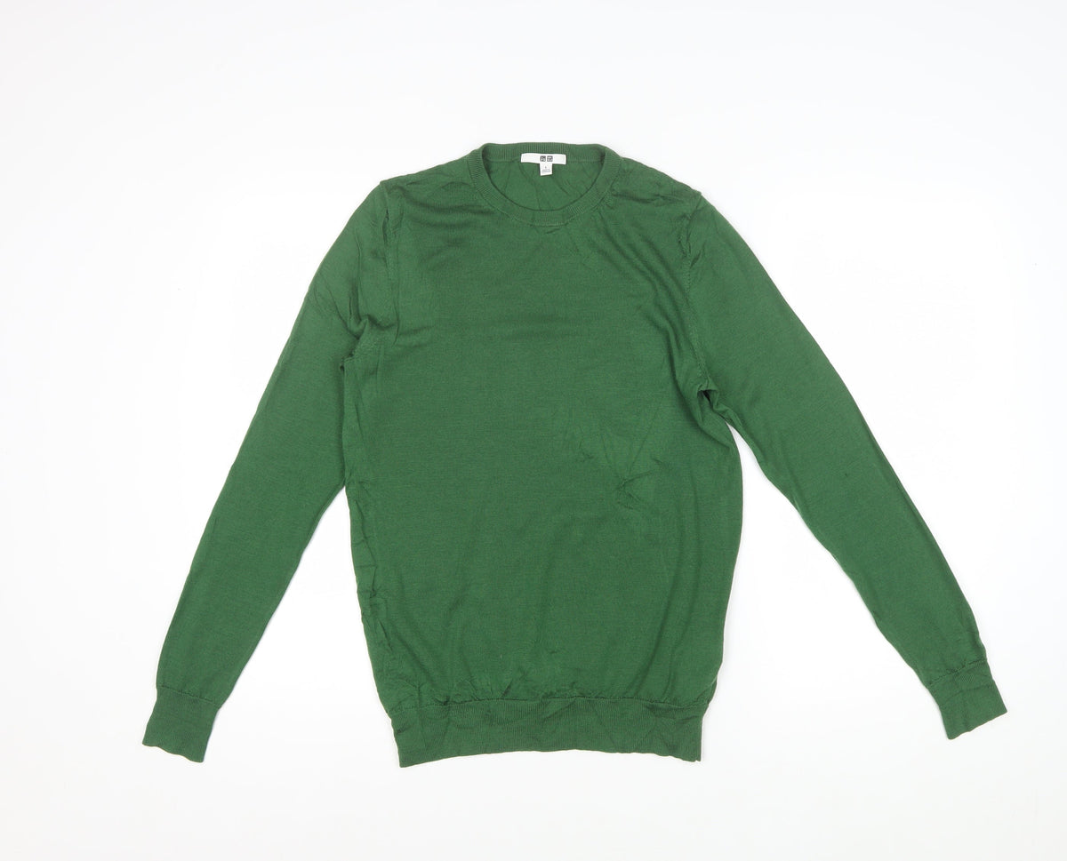 Uniqlo Men’s Green L 100% Wool Crew Neck Fine Knit Pullover Jumper