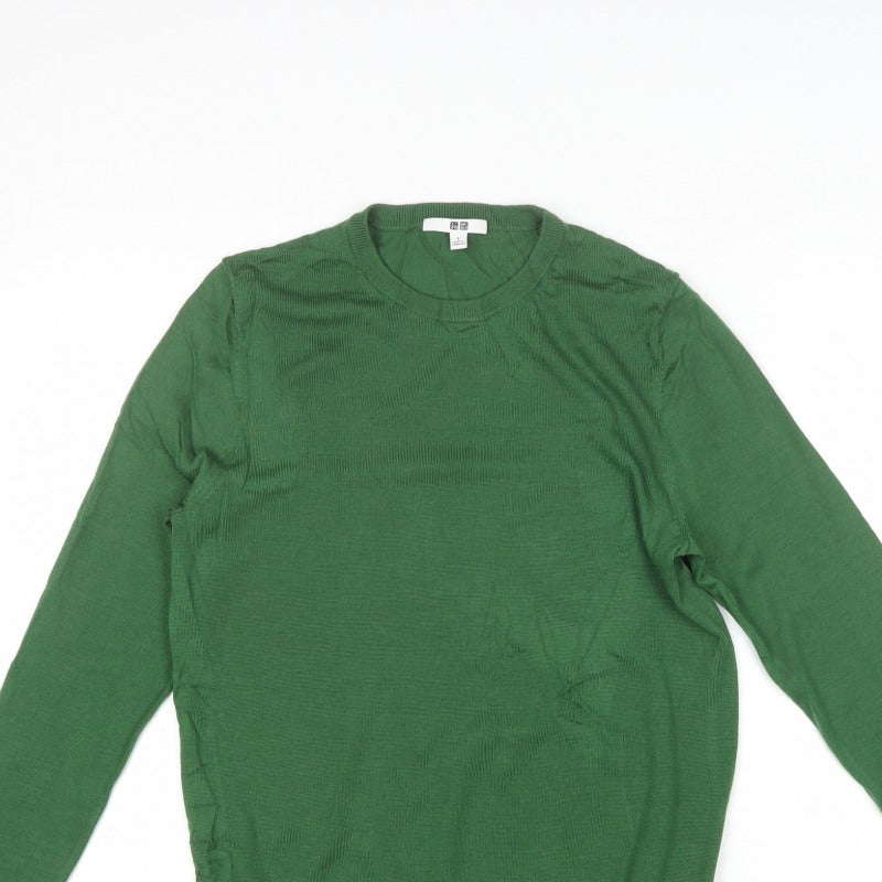 Uniqlo Men’s Green L 100% Wool Crew Neck Fine Knit Pullover Jumper