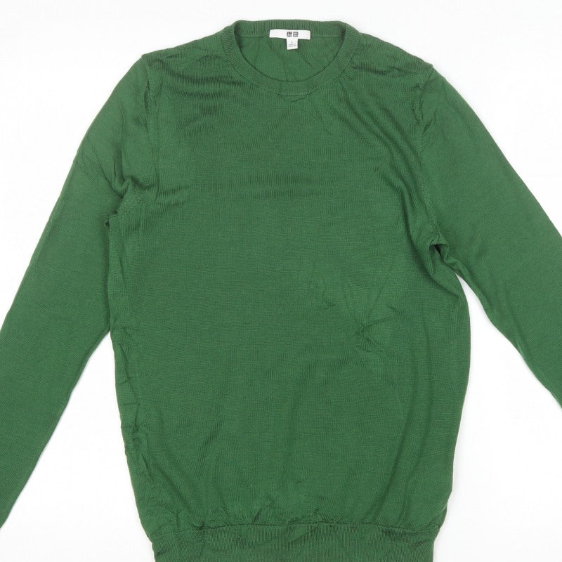 Uniqlo Men’s Green L 100% Wool Crew Neck Fine Knit Pullover Jumper