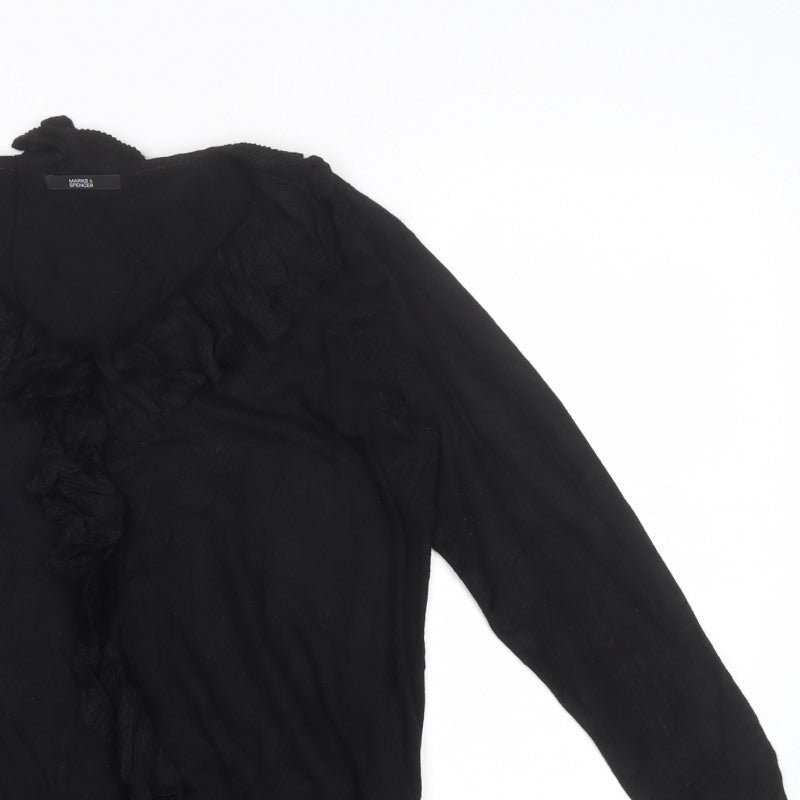 Marks and Spencer Women Black UK 16 V-Neck Ruffle Knit Pullover Jumper